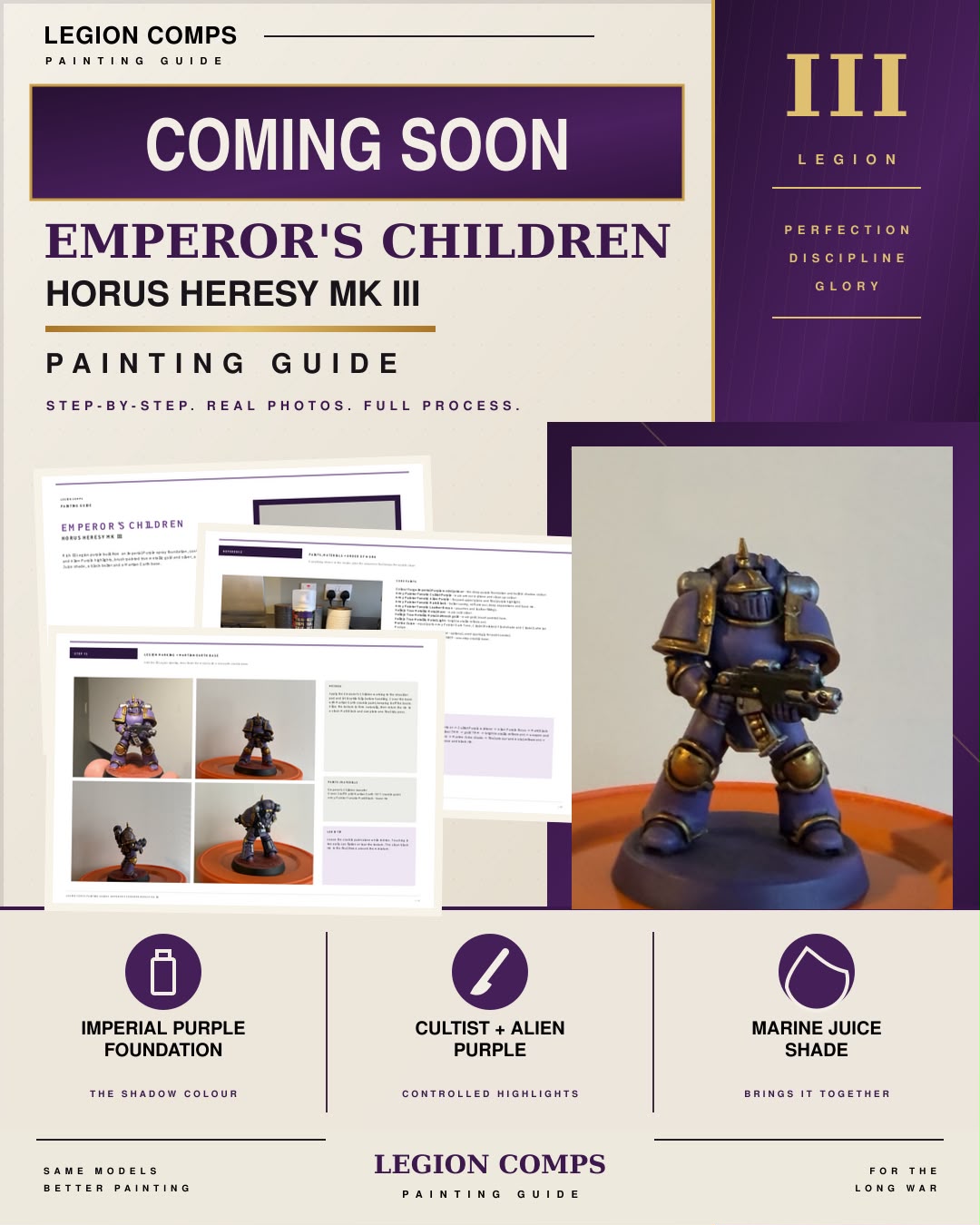 Emperor's Children Horus Heresy Mk III painting guide cover with a purple and gold Mk III miniature