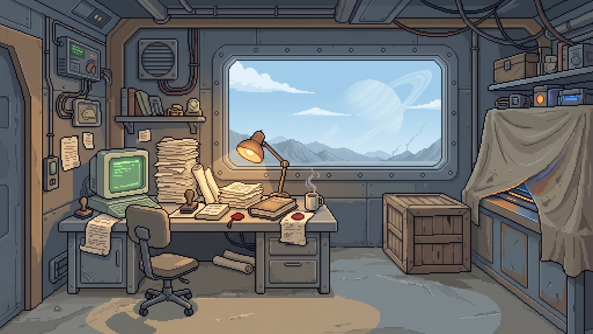 Pixel-art bunker office: a desk piled with scrolls, ledgers and wax-sealed papers beside a glowing green computer and an empty chair, with something hidden under a dust sheet and a ringed planet outside the window.