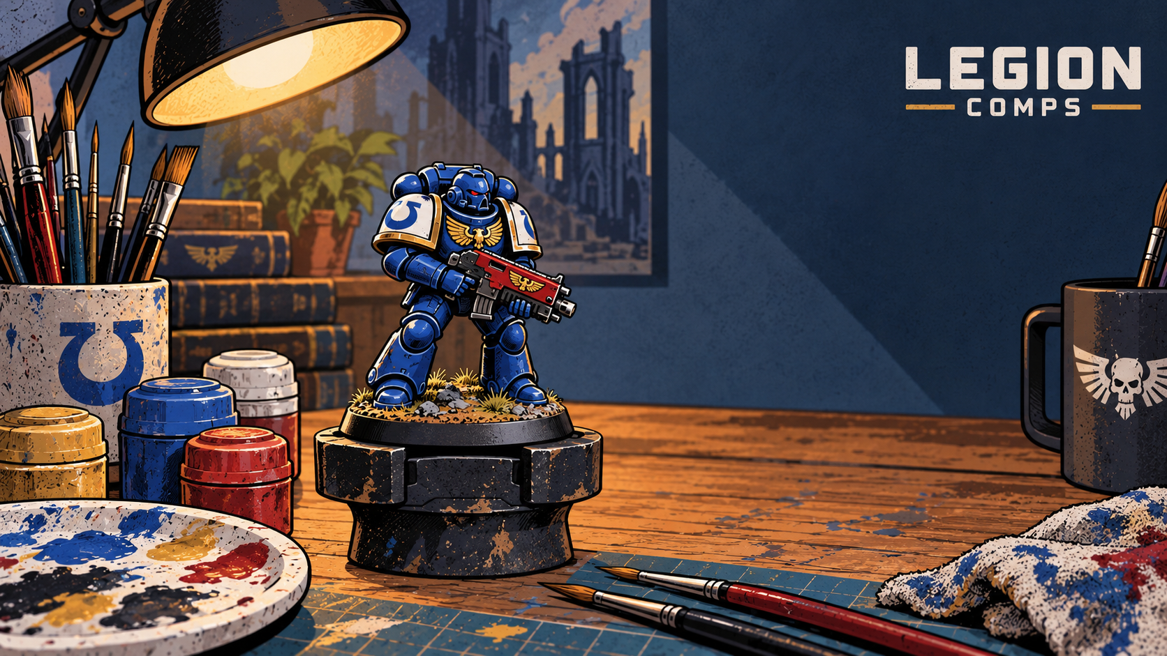 Miniature painting desk with an armoured model, brushes and paints, a laptop showing tutorial steps, and competition tickets marked with a tick.