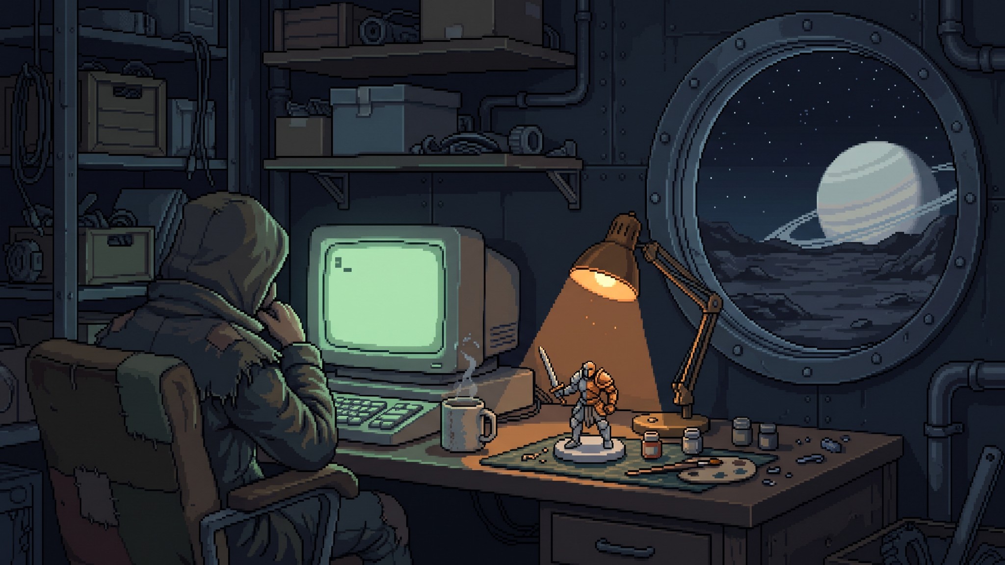 Pixel-art outpost workshop at night: a hooded figure sits by a glowing green terminal showing only a cursor, beside a mug of tea and a half-painted knight miniature under a desk lamp, with a ringed planet in a porthole.