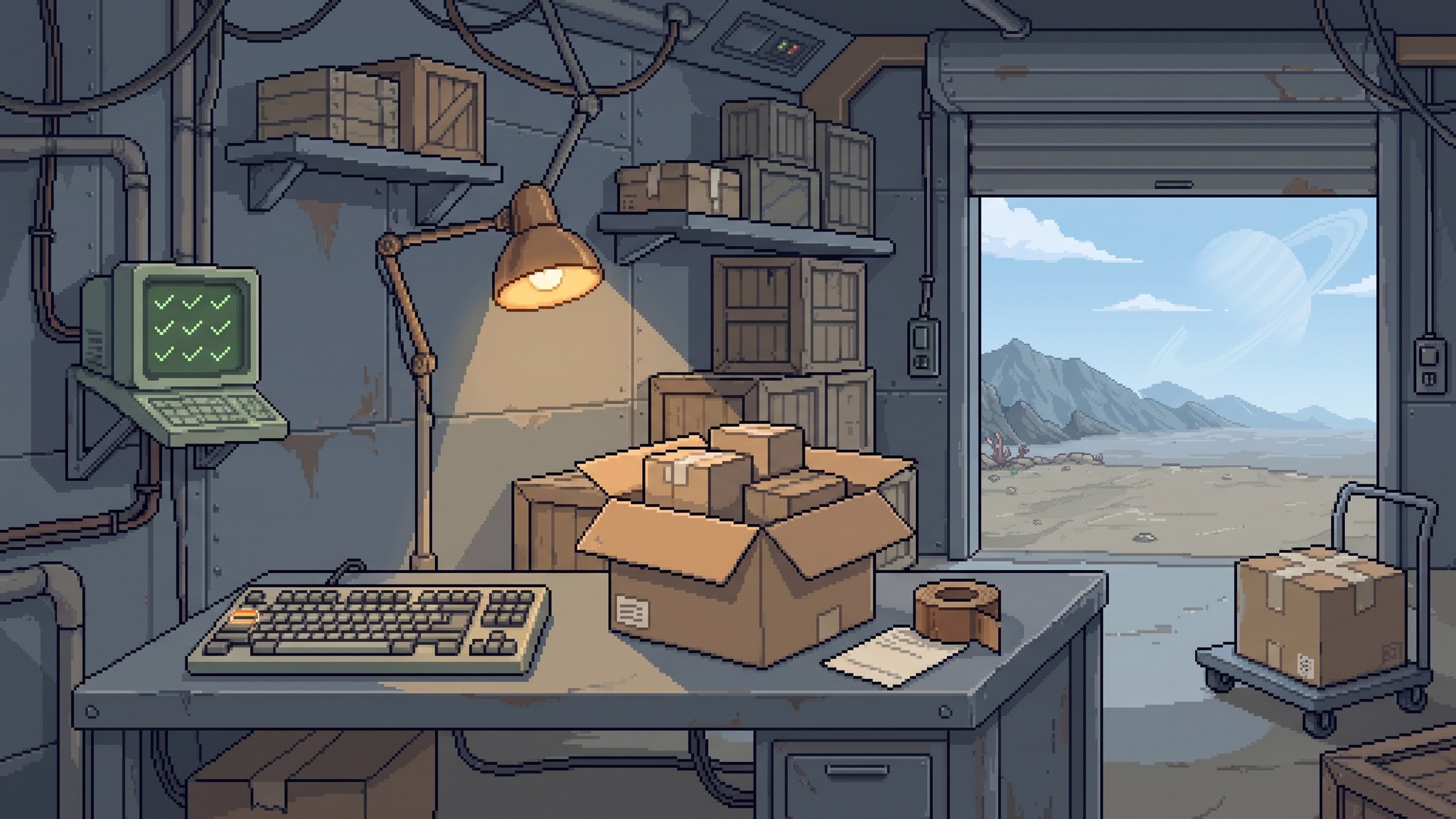 Pixel-art outpost despatch room: three small parcels packed into one box on a steel bench, beside a keyboard with a glowing Tab key, a terminal of green ticks and an open door onto a ringed planet.
