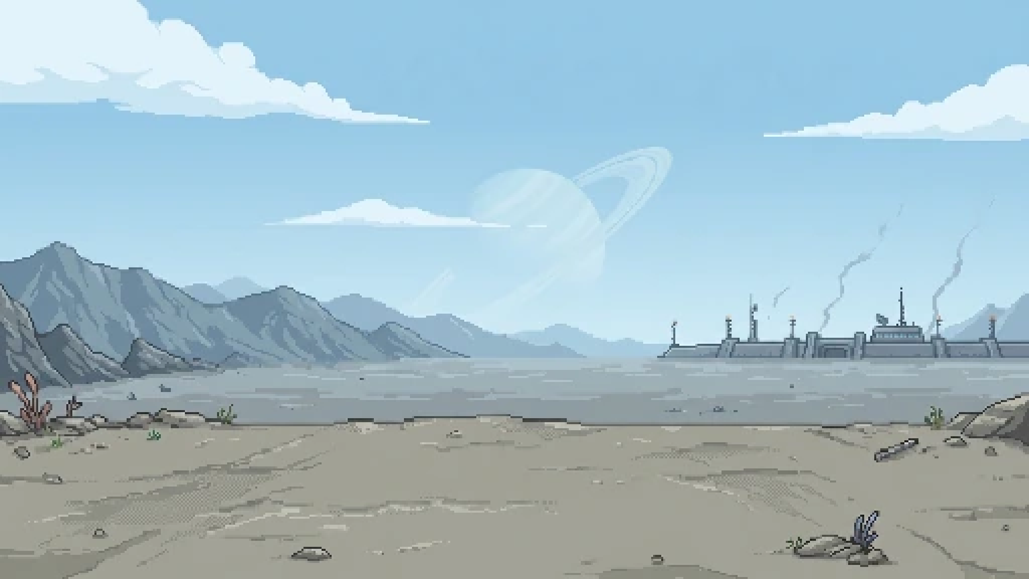Pixel-art battlefield from the Strike Force homepage skin: a pale blue sky, mountains, a ringed planet and a fortified defence line across a grey plain.