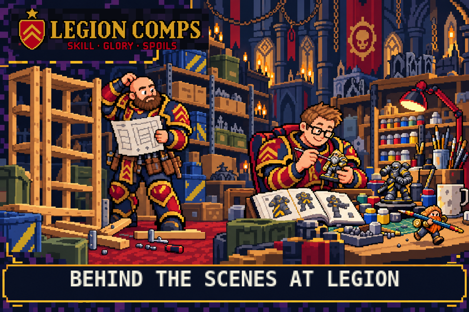 Pixel-art scene of Bob building shop shelving from a plan while Lewis paints a Khazalite Holds dwarf beside an unfinished hazard-striped Iron Warriors miniature inside the Legion Comps workshop.