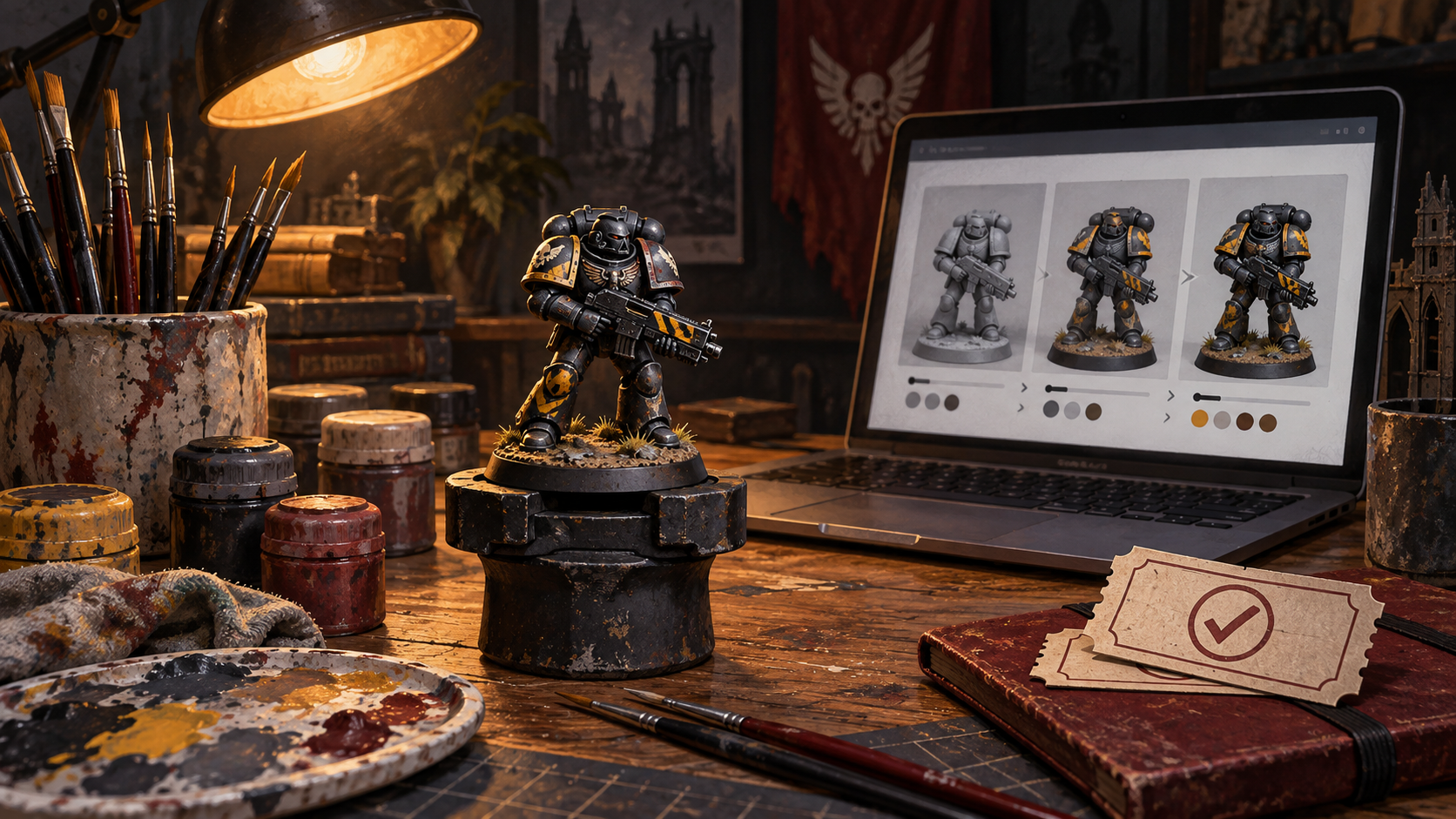 Miniature painting desk with an armoured model, brushes and paints, a laptop showing tutorial steps, and competition tickets marked with a tick.