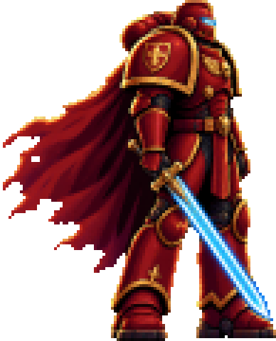 Pixel-art Space Marine in red power armour and a long red cloak, holding a glowing power sword.